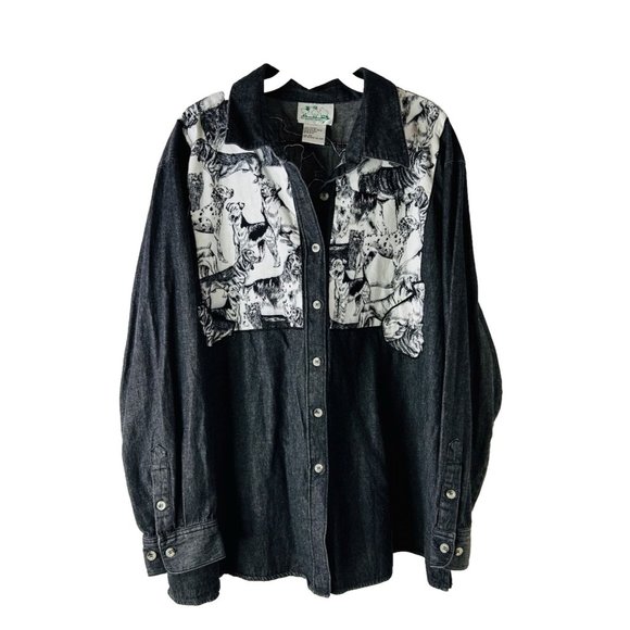 The Quacker Factory Puppy Dog Patchwork Denim Button Shirt - Picture 1 of 5